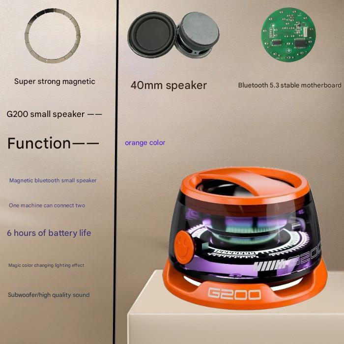 NNEDSZ Orange Portable Mini Bluetooth Speaker with Magnetic Base, High-Quality Bass and Surround Sound, Colorful Ambient Lighting, USB Rechargeable, 6-Hour Battery Life
